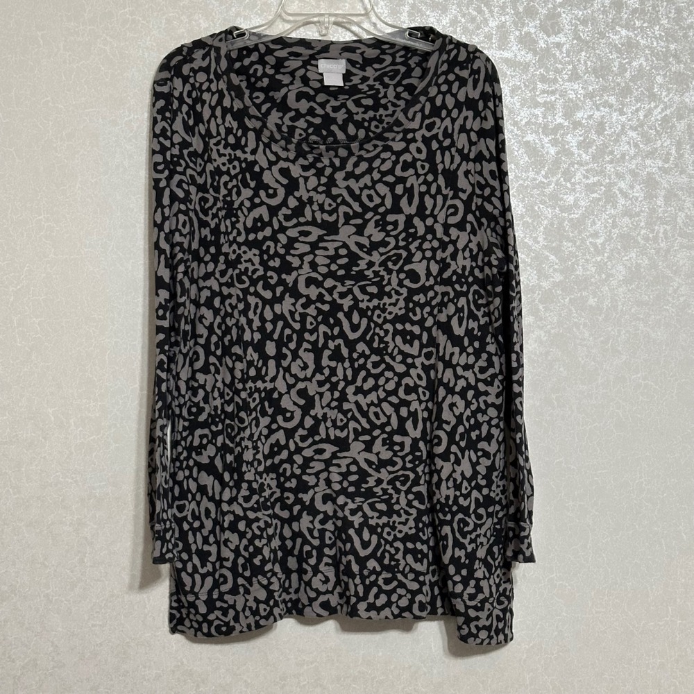 Chico's Animal Print Tunic Long Sleeve Top Black & Gray Leopard Pockets Sz 2 L